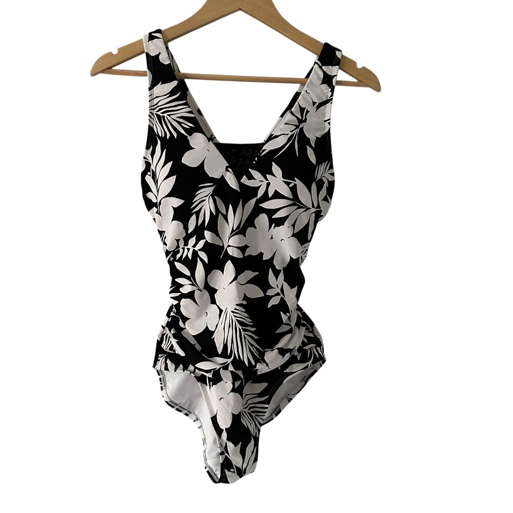 Lands End Black‎ Floral V-Neck High Cut One Piece Bathing Suit Size S